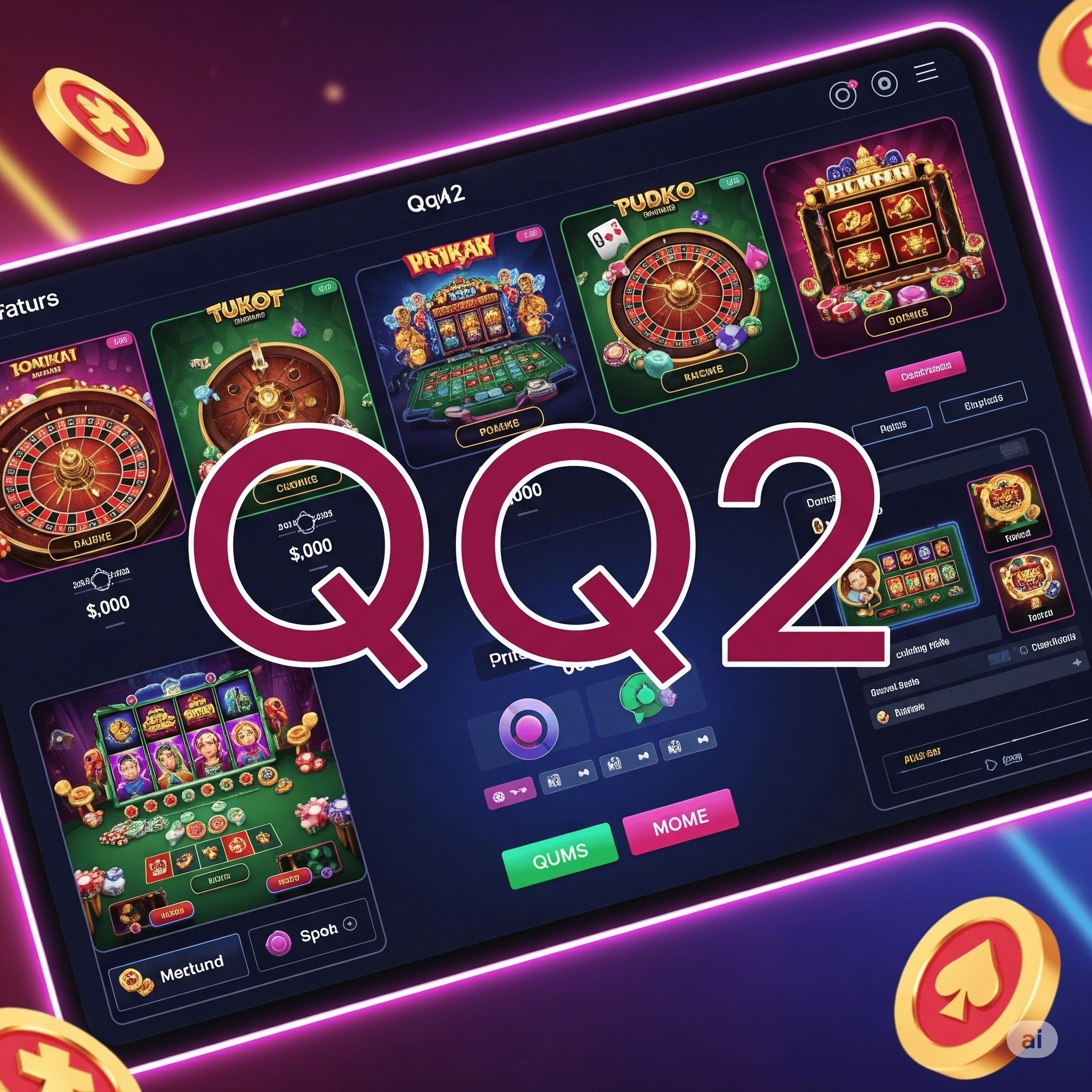 Dynamic montage of QQ2 gameplay including slots, live dealers, and sports betting